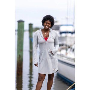 Bitter End Womens XL Gray Long Sleeve 1/4 Zip Dri-Tek Hoodie Dress UPF 30 Pocket